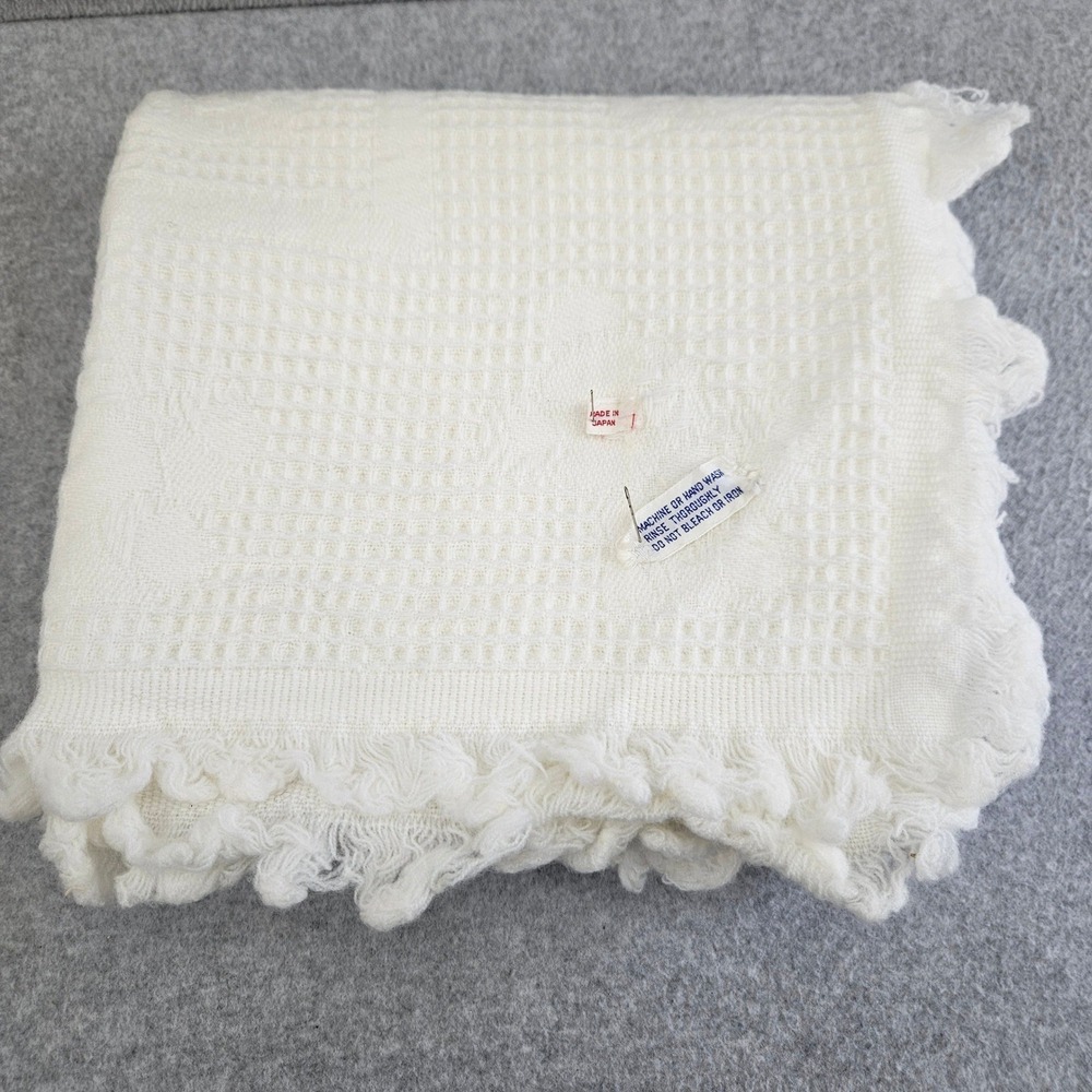 Vintage Receiving Blanket Unisex OS White Waffle Knit Fringed Japan